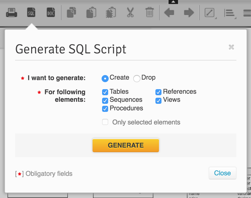 生成SQL脚本并用GENERATE按钮弹出